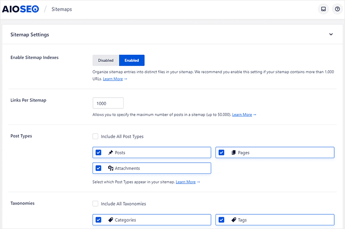 AIOSEO Configure Sitemap Settings