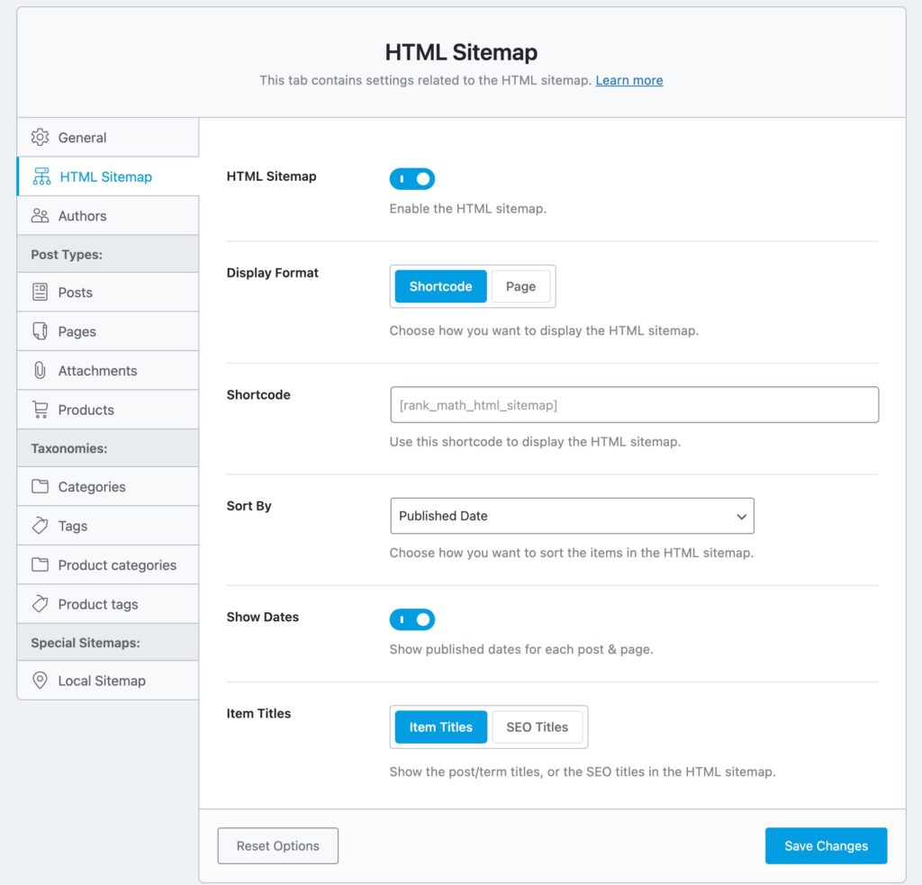 Setting Up HTML Sitemap Options