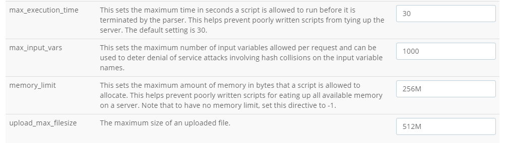 various PHP settings