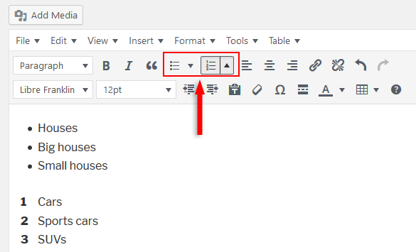 Bullet points and numbered lists in WordPress